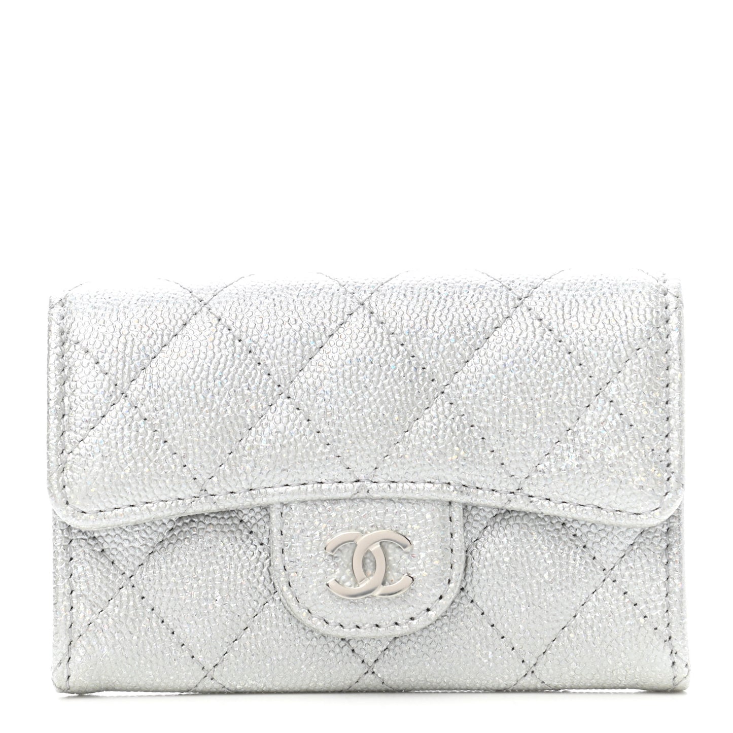 Glittered Metallic Caviar Quilted Flap Card Holder Wallet Silver