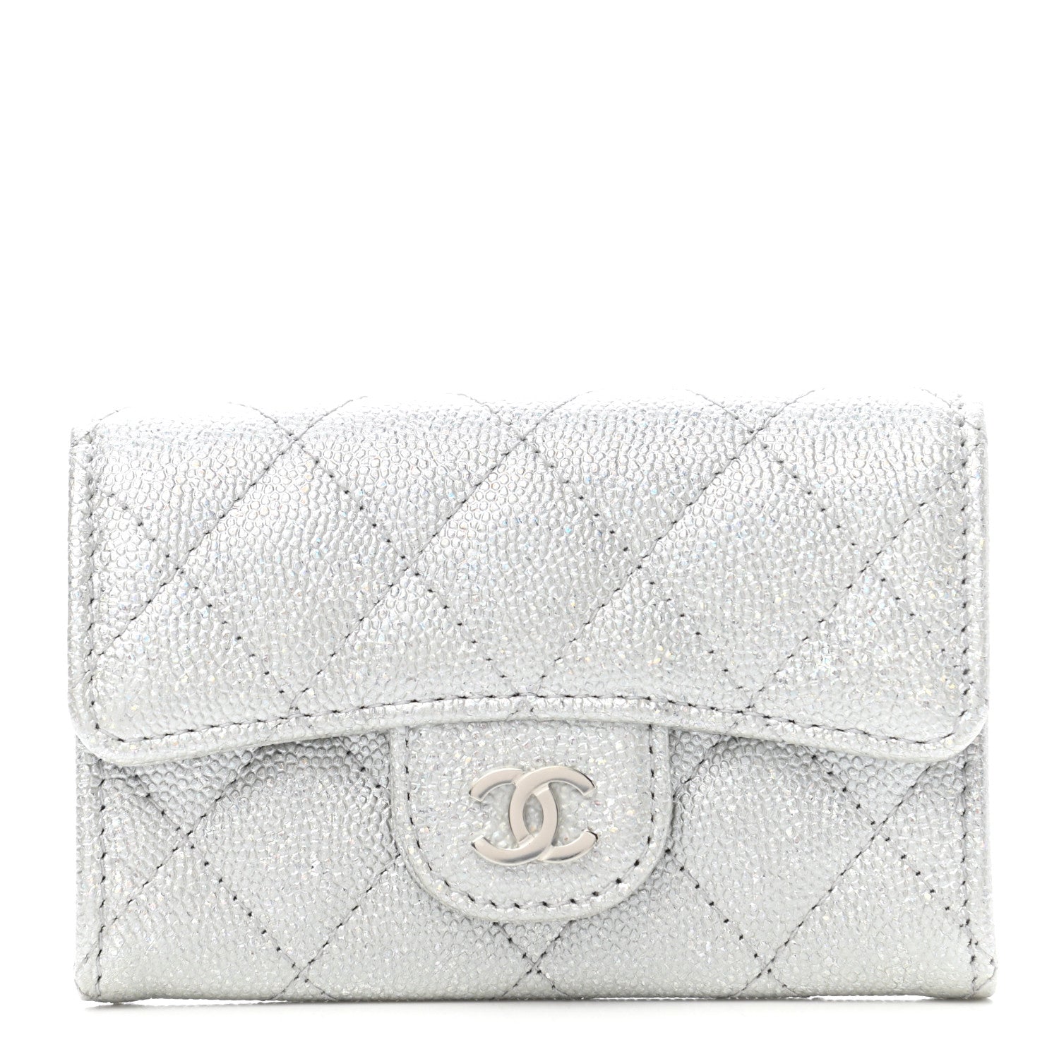 Chanel Glittered Metallic Caviar Quilted Flap Card Holder Wallet Silver 1 of 9