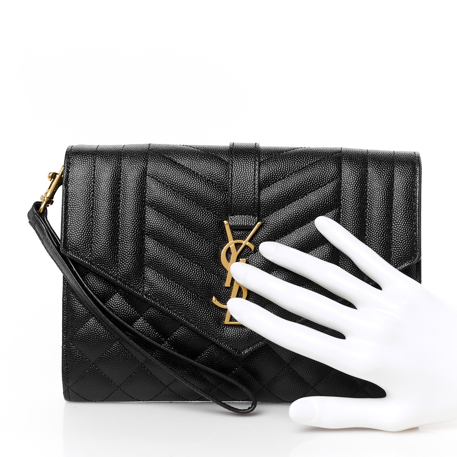 Saint Laurent Grain De Poudre Textured Mixed Matelasse Triquilt Monogram Clutch Black 2 of 10