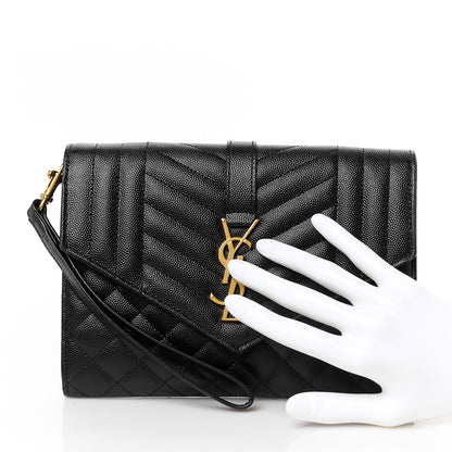 Saint Laurent Grain De Poudre Textured Mixed Matelasse Triquilt Monogram Clutch Black 2 of 10