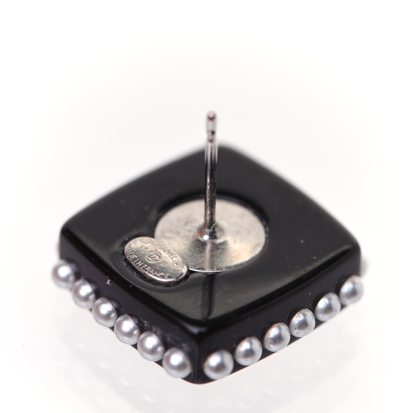 Resin Pearl Square CC Earrings Black
