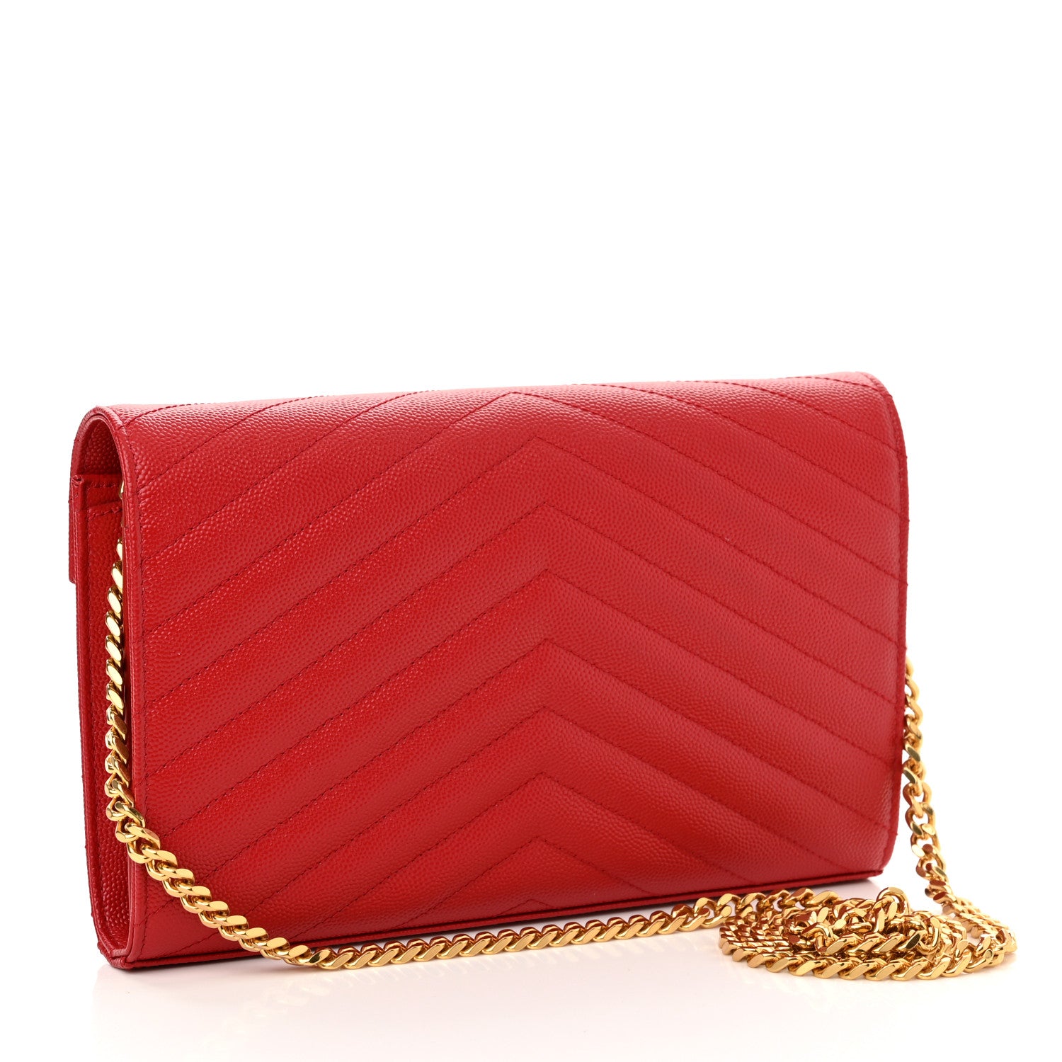 Saint Laurent Grain De Poudre Matelasse Chevron Monogram Chain Wallet New Red 3 of 10