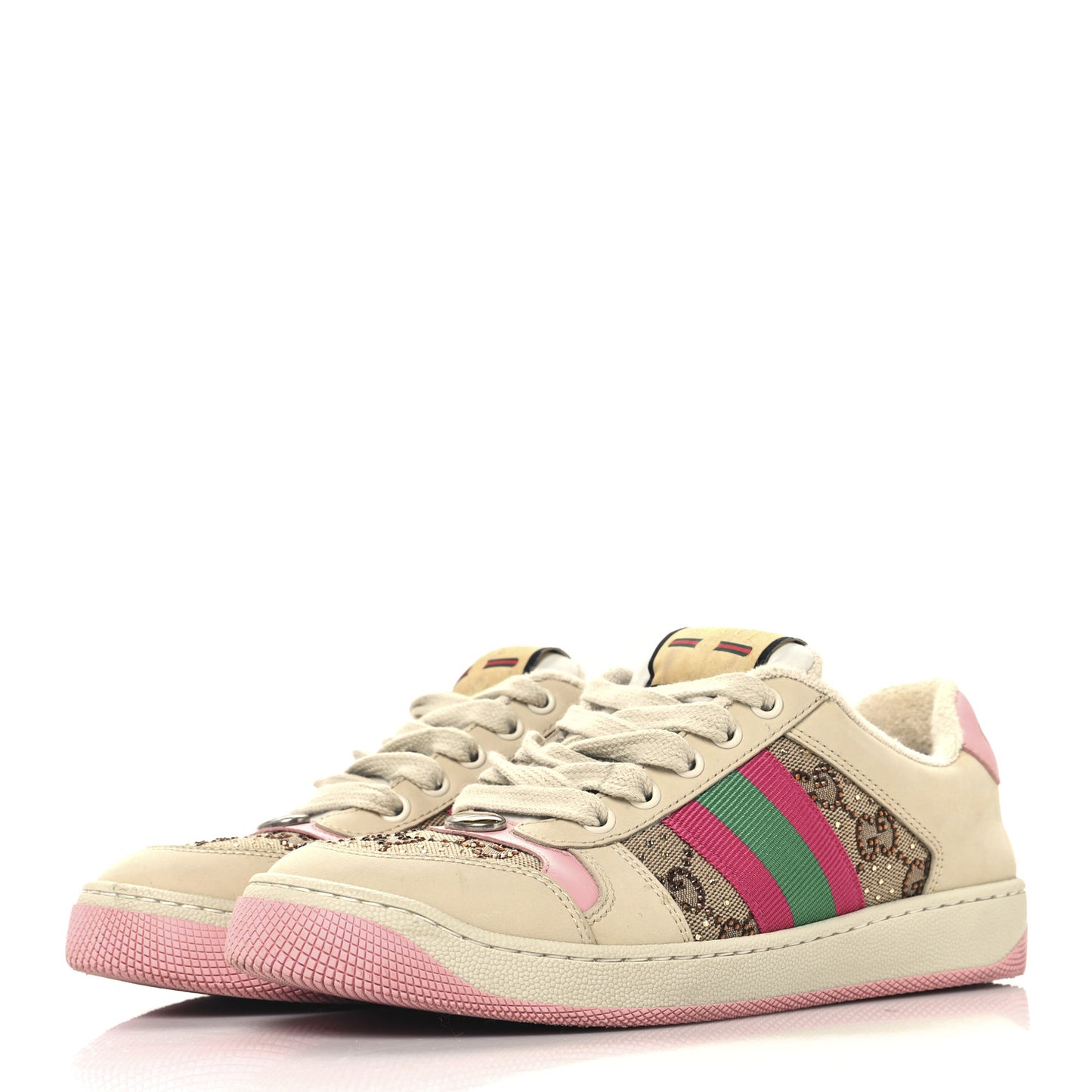 Calfskin GG Supreme Crystals Web Screener Sneakers 36 Beige Ebony Wild Rose