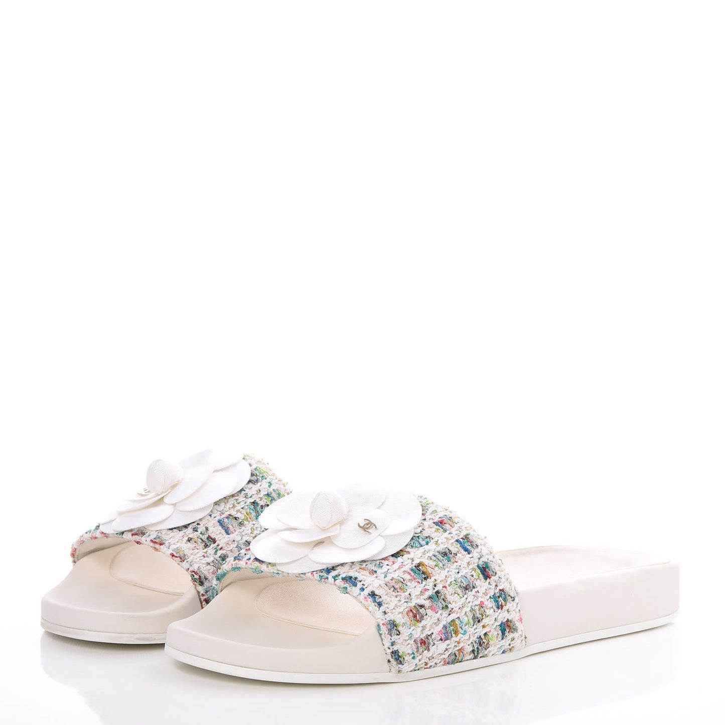 Tweed Grosgrain Camellia Flat Sandals 39 Ivory Ecru Green