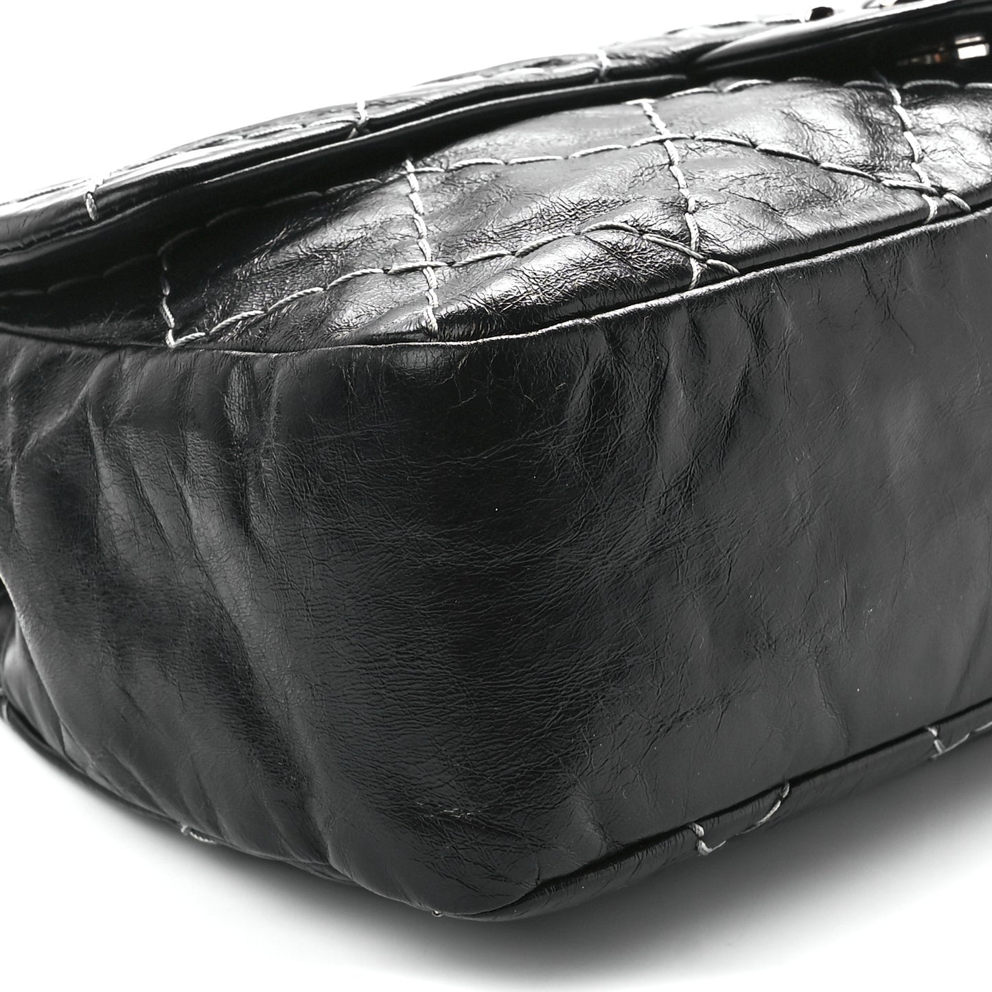 Glazed Goatskin Double Contrast Stitch Flap Black