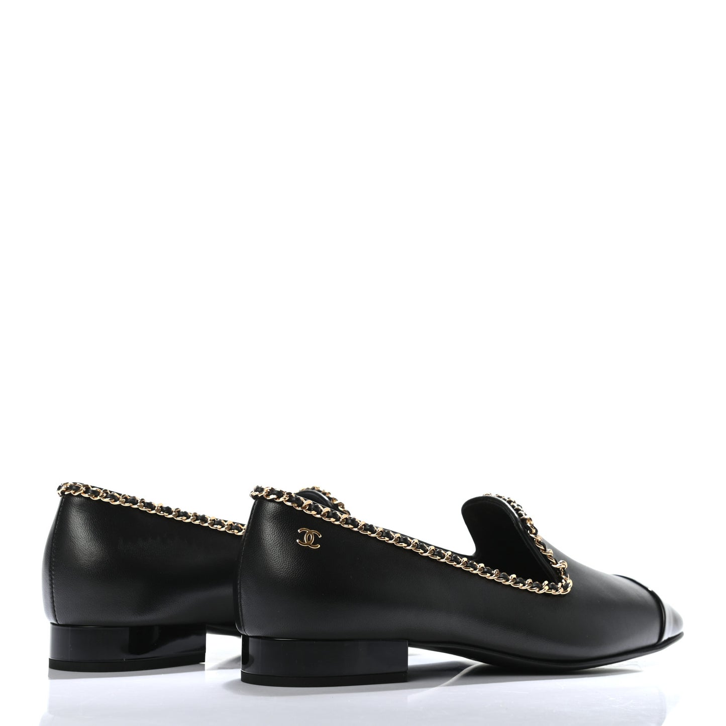 Lambskin Patent Calfskin Chain Cap Toe Loafer 37 Black