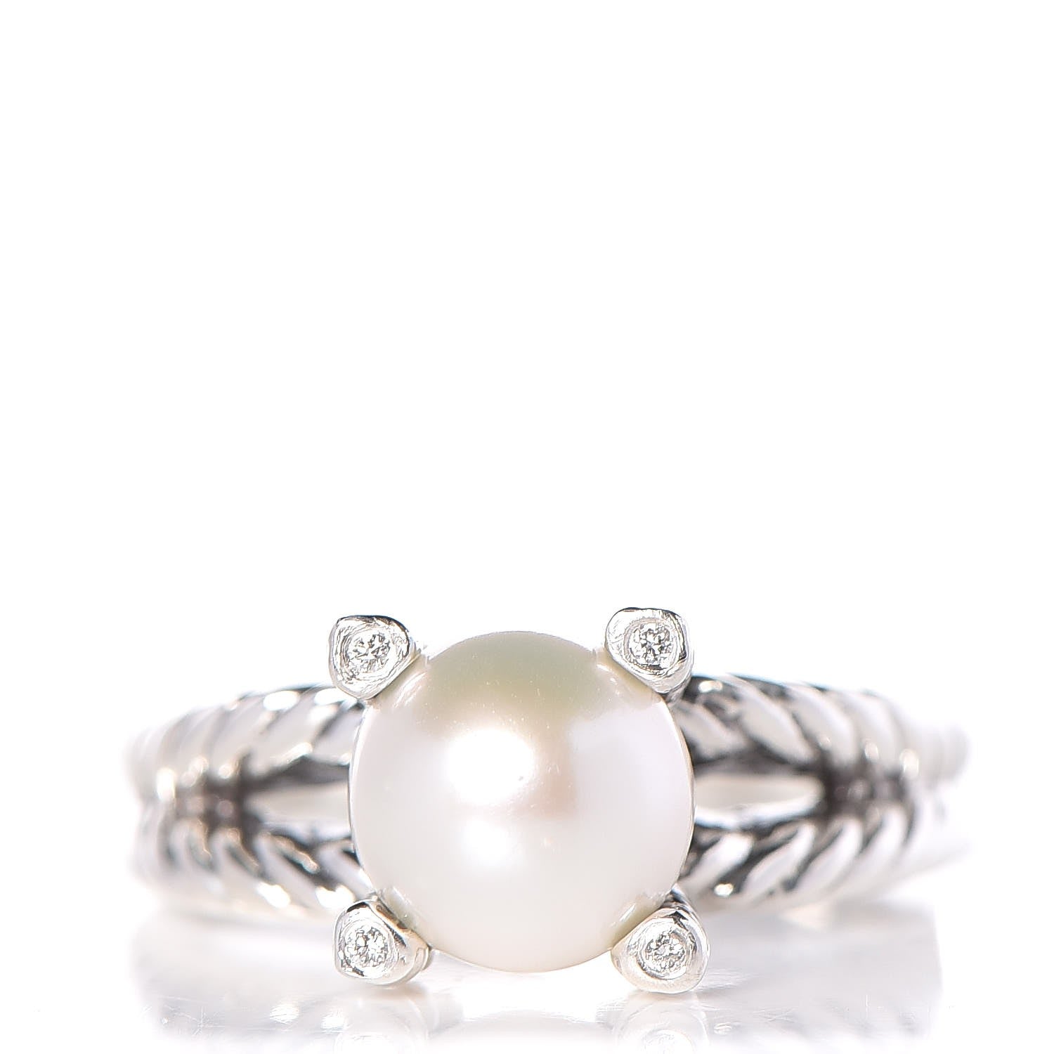 David Yurman Sterling Silver Diamond 10mm Pearl Cable Ring 57.6 8.25 1 of 5