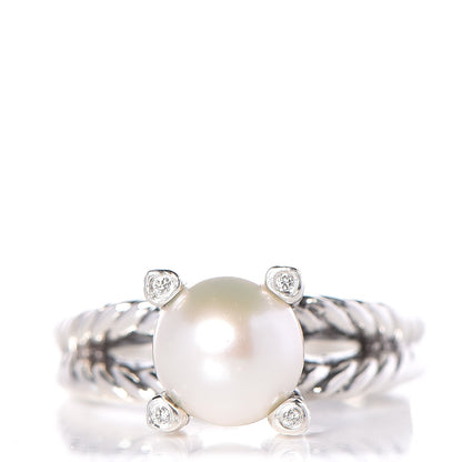 David Yurman Sterling Silver Diamond 10mm Pearl Cable Ring 57.6 8.25 1 of 5