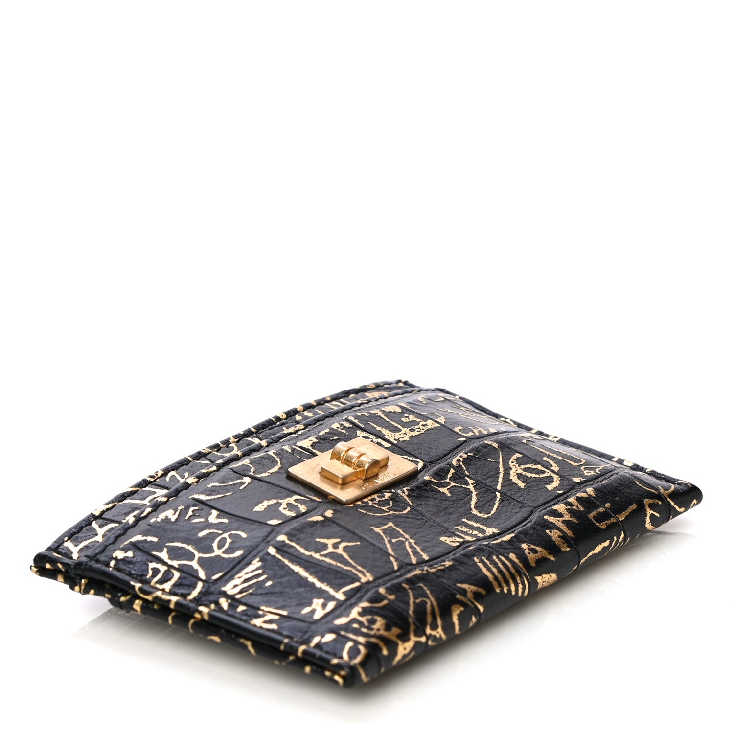 Chanel Calfskin Crocodile Embossed Graffiti 2.55 Cocodile Reissue Card Holder Black Gold 4 of 8
