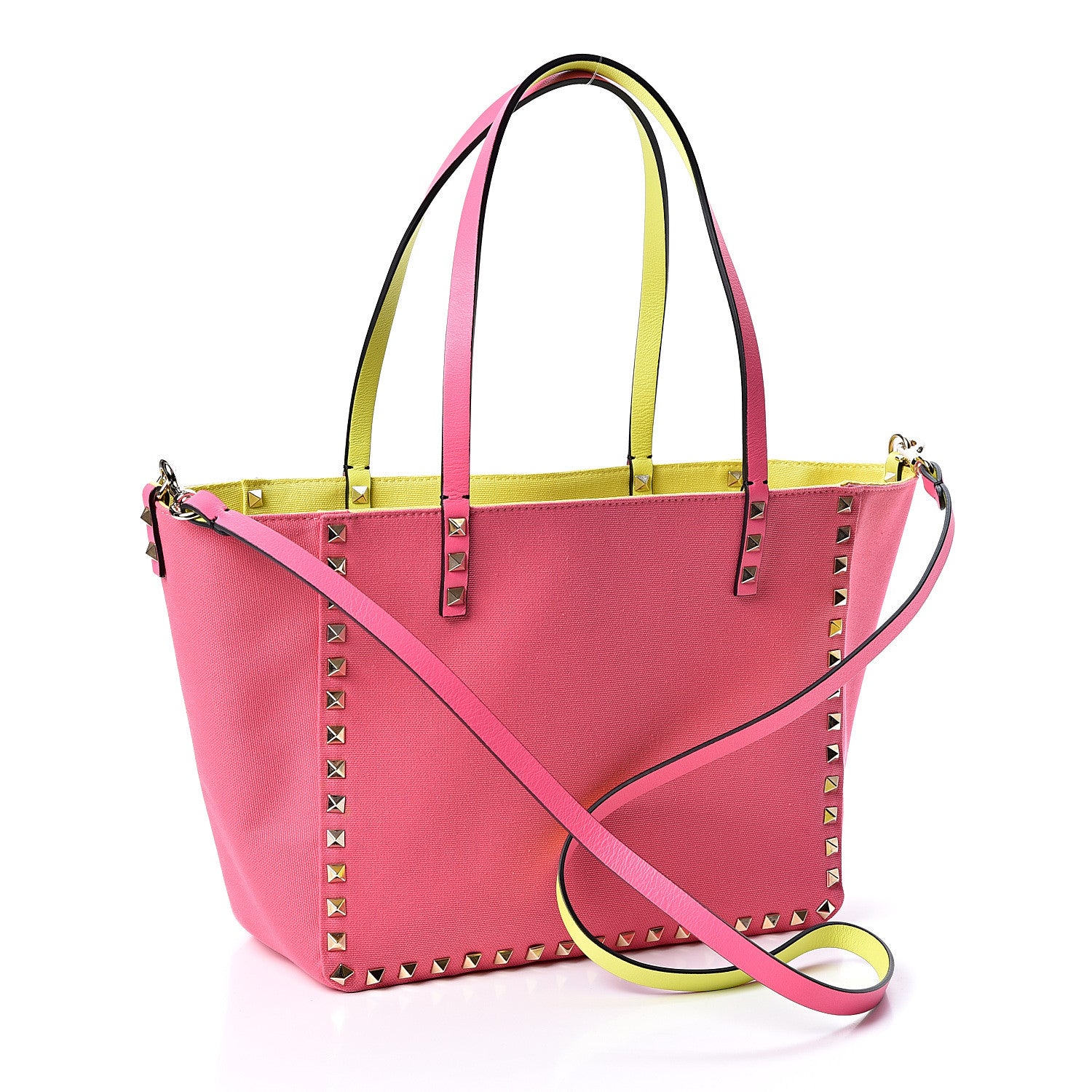 Valentino Garavani Canvas Small Rockstud Reversible Tote Pink Yellow 3 of 16
