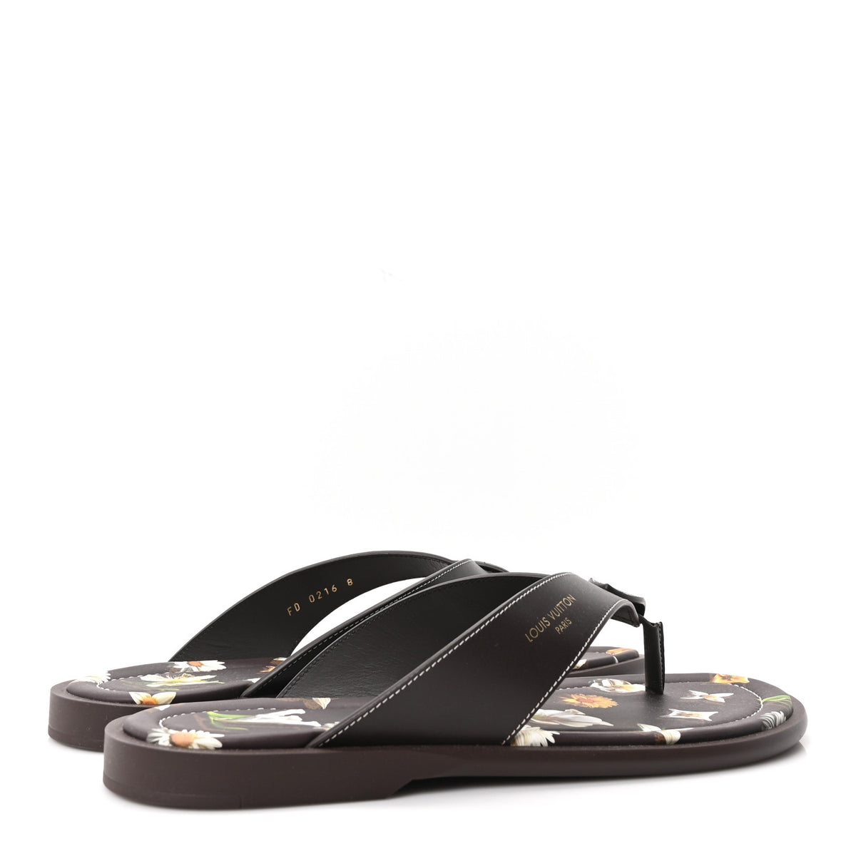 Supple Calfskin Blooming Monogram Mens LV Sunset Thong Sandals 8 Marron