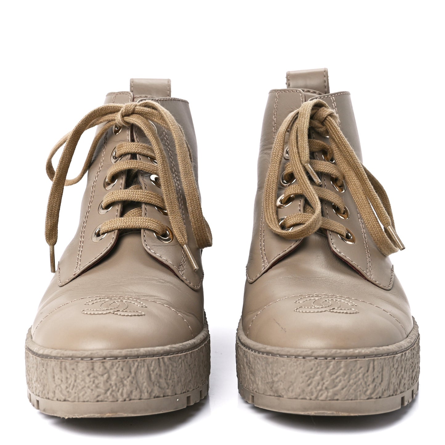 Calfskin CC Turnlock Lace Up Boots 37.5 Beige