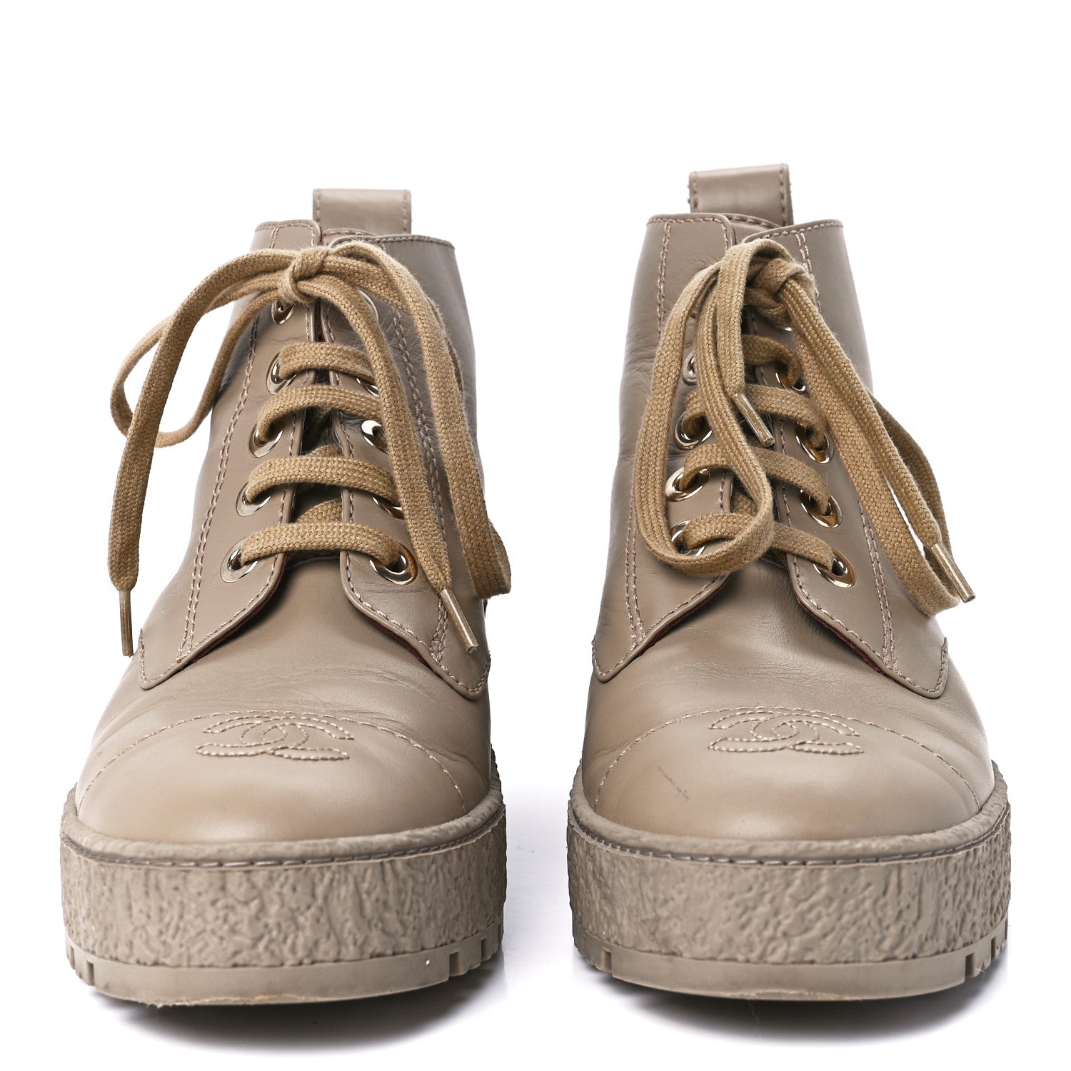 Chanel Calfskin CC Turnlock Lace Up Boots 37.5 Beige 2 of 10