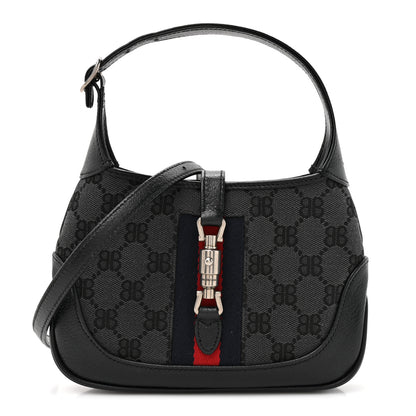 Gucci X BALENCIAGA BB Monogram Calfskin Web Mini Jackie 1961 Hobo Black 1 of 12