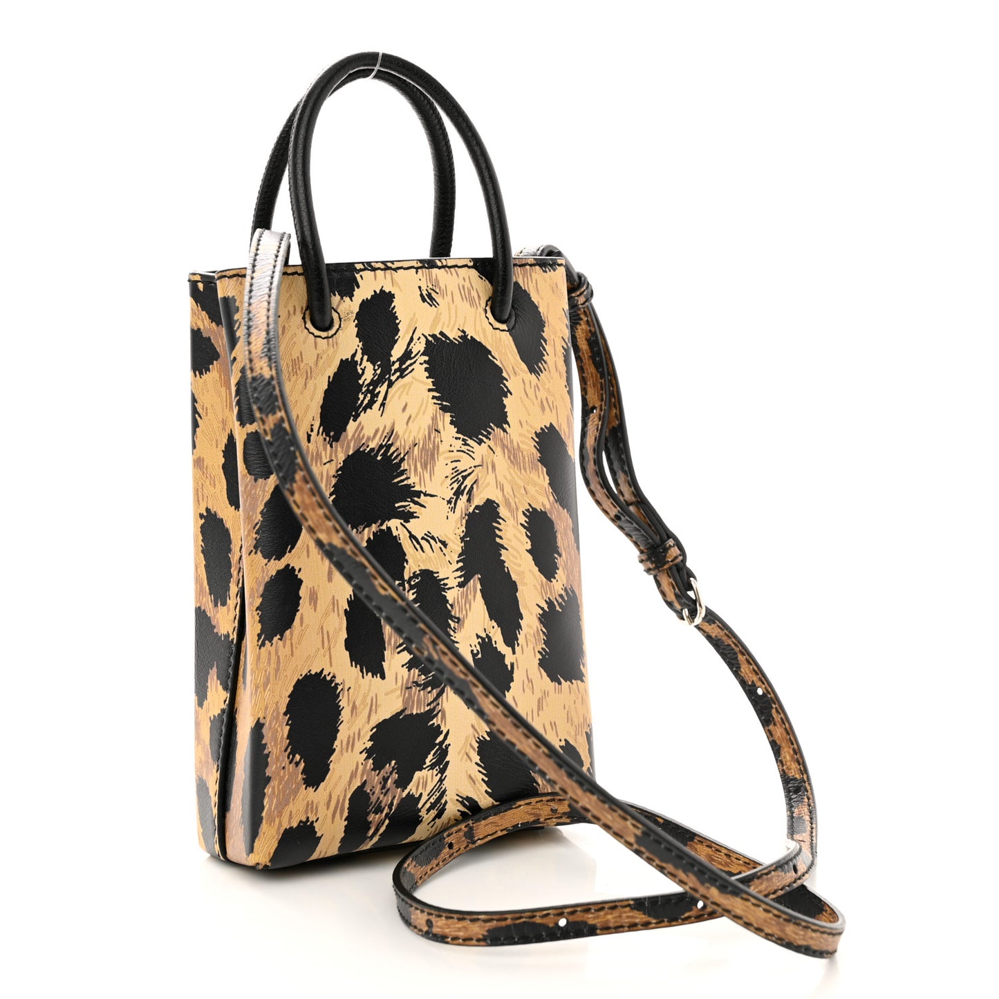 Smooth Calfskin Leopard Print Logo Shopping Phone Holder Bag Beige Black