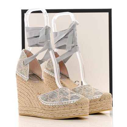 Gucci Lame GG Monogram Ankle Wrap Platform Espadrille Wedges 38 Silver Beige Light Grey 9 of 9