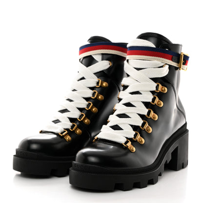 Gucci Calfskin Sylvie Web Womens Lace Up Combat Boots 36 Black 3 of 9