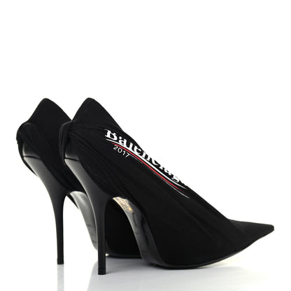 Balenciaga Jersey Crepe Political Campaign Logo Knife 115 Pointed Pumps 37 Black White Rouge 3 of 4
