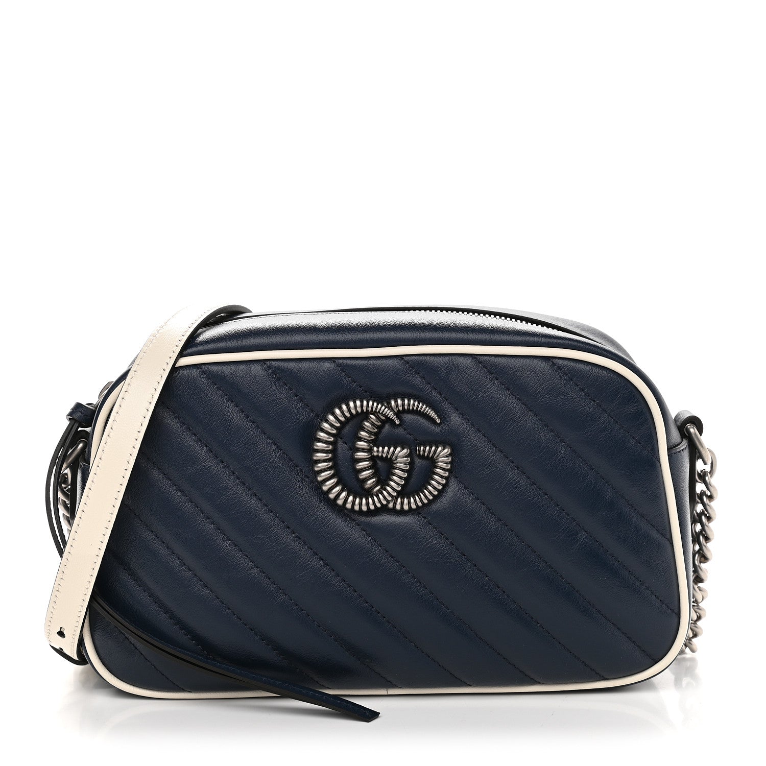 Gucci Vintage Effect Calfskin Matelasse Diagonal Small Torchon GG Marmont Chain Shoulder Bag Blue Agata Mystic White 1 of 9