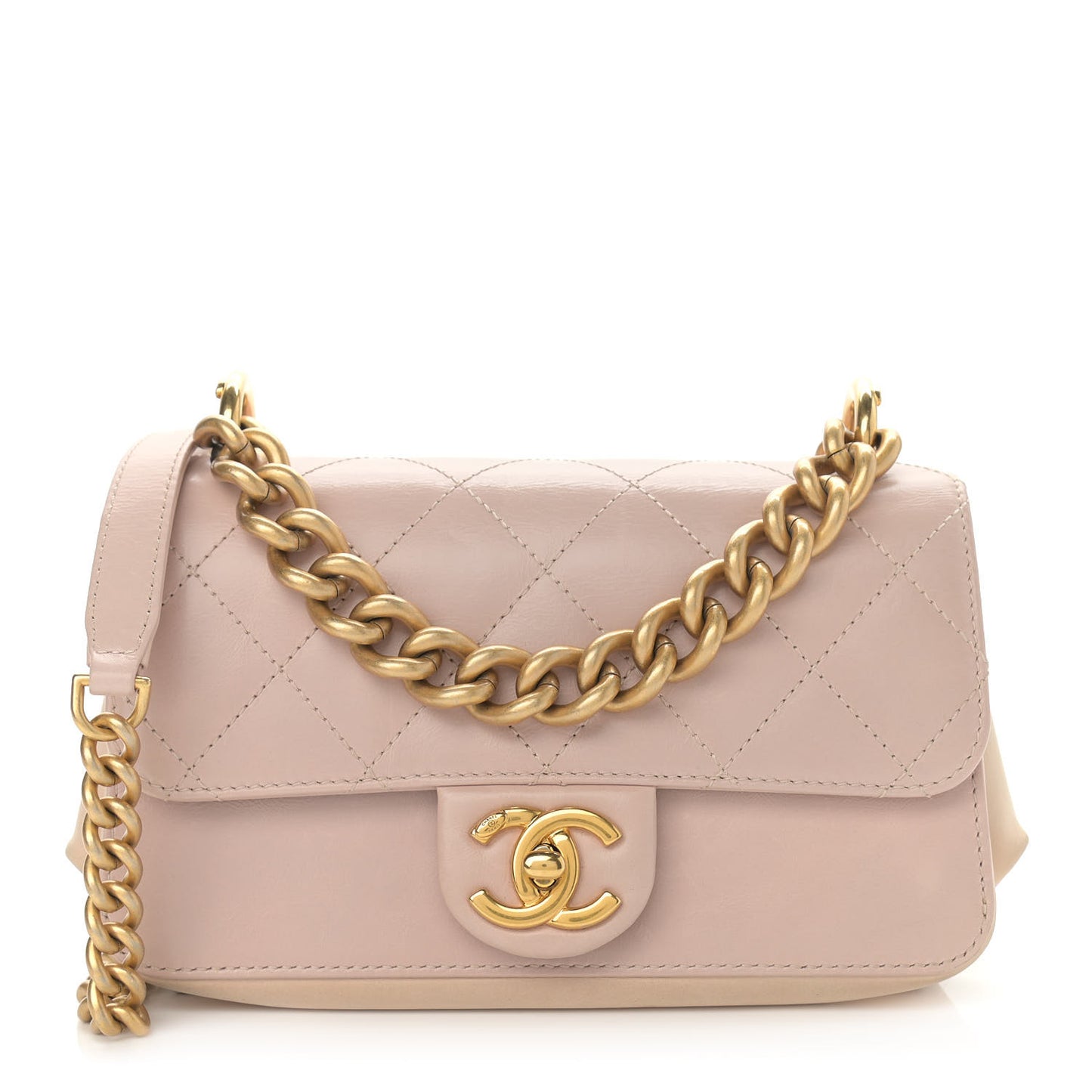 Glazed Calfskin Quilted Mini Straight Lined Flap Beige