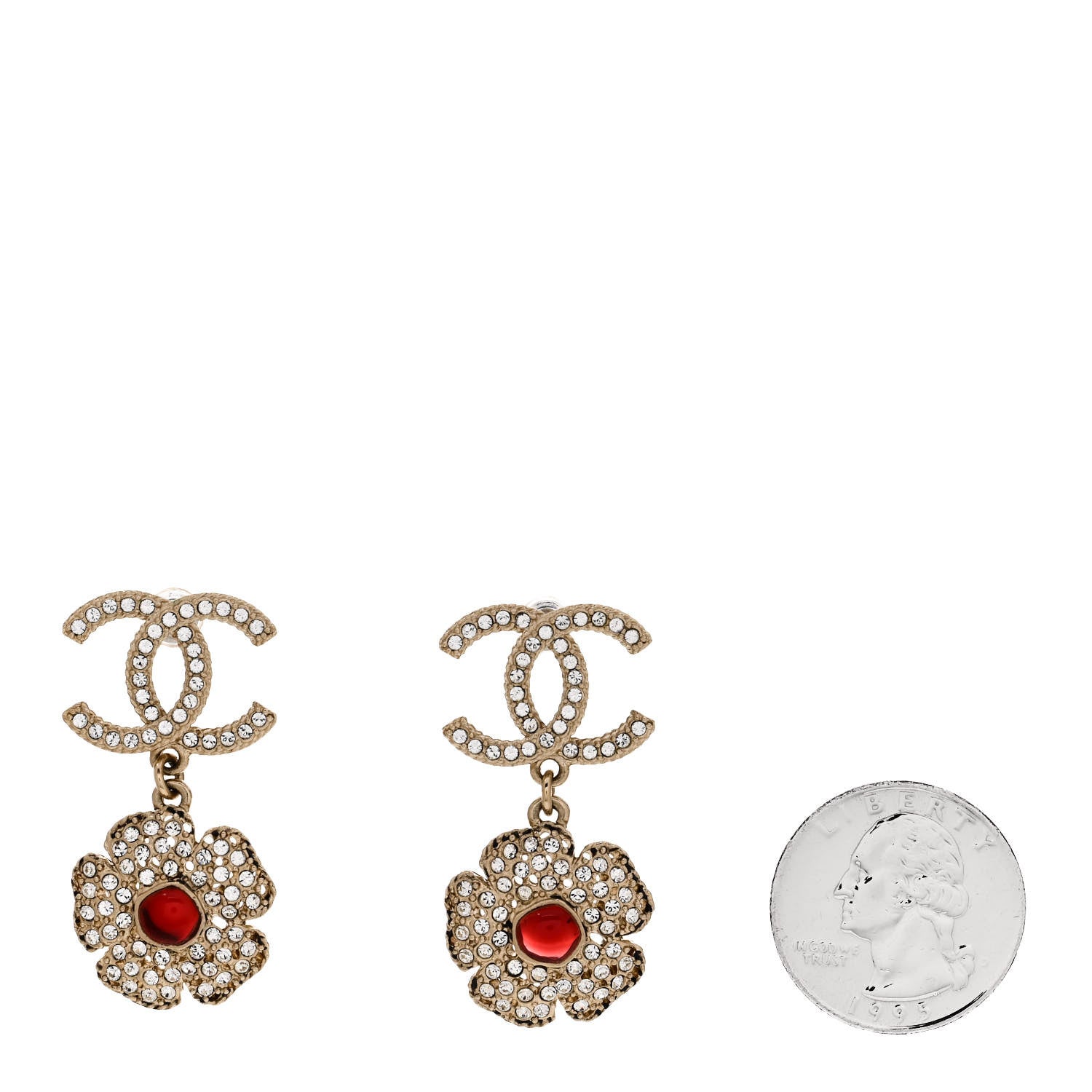Chanel Crystal Pearl Camellia CC Drop Earrings Gold Red 2 of 4