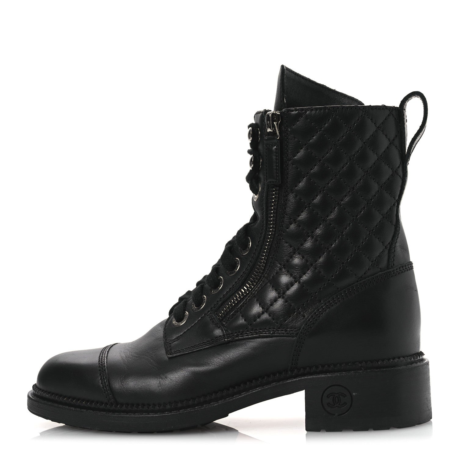 Chanel Calfskin Quilted Lace Up Combat Boots 37 Black 1 of 14