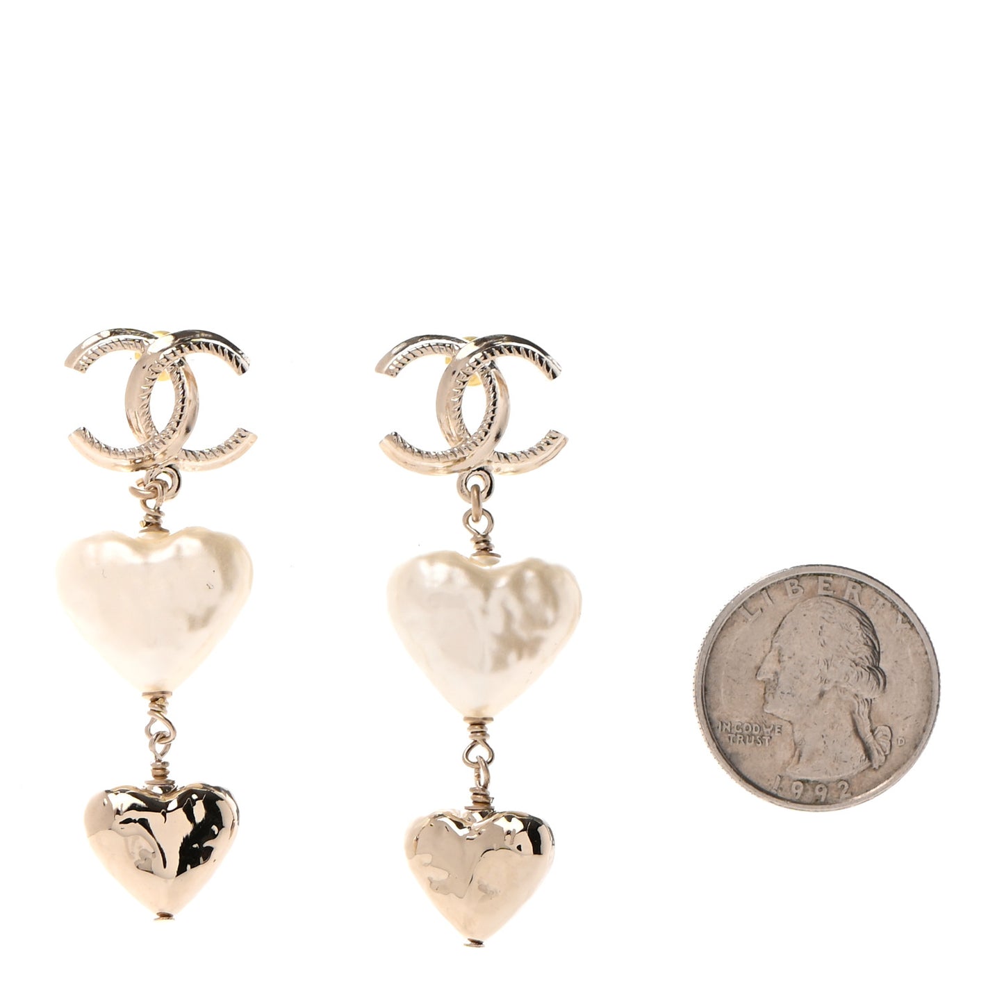 Pearl CC Double Heart Drop Earrings Gold