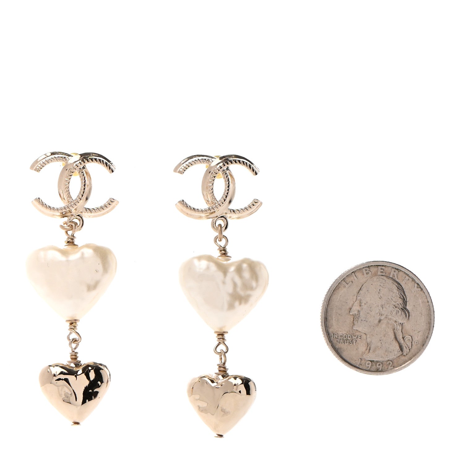 Chanel Pearl CC Double Heart Drop Earrings Gold 2 of 4