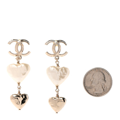 Chanel Pearl CC Double Heart Drop Earrings Gold 2 of 4