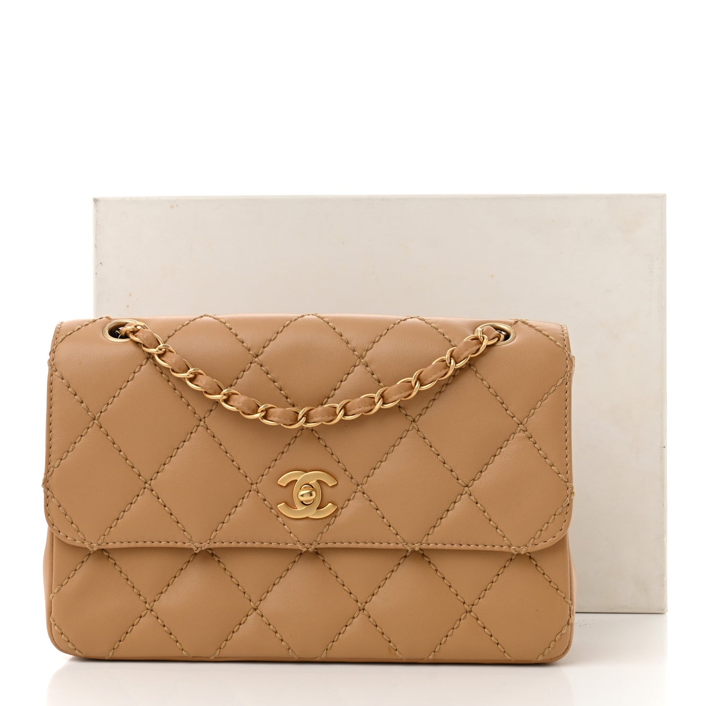 Calfskin Quilted Medium Wild Stitch Flap Beige