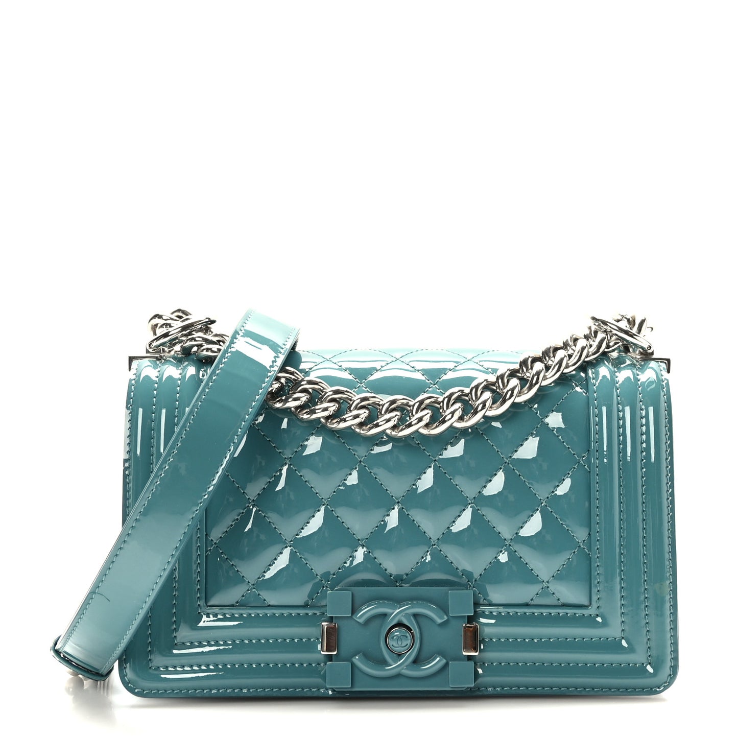 Patent Calfskin Quilted Small Plexiglass Boy Flap Turquoise