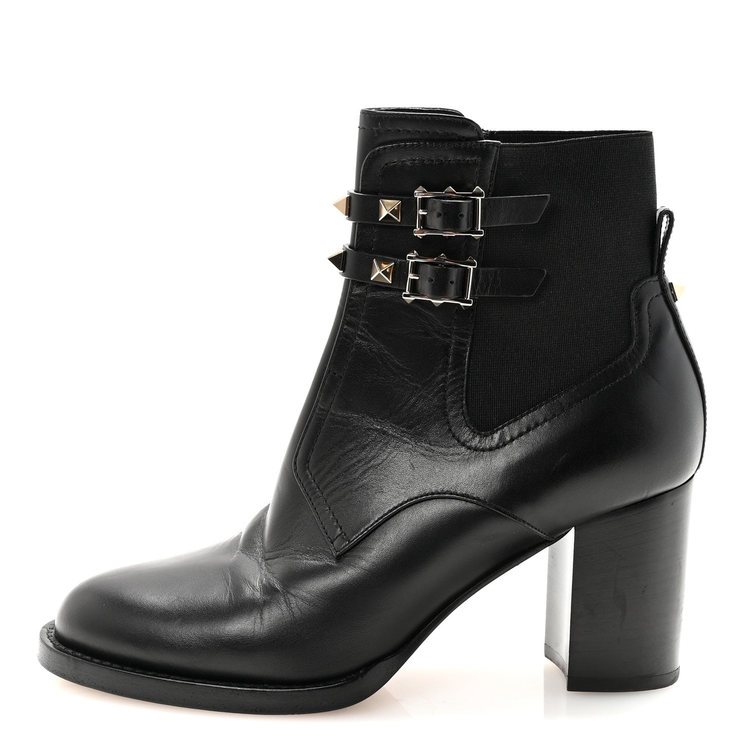 Valentino Garavani Calfskin Rockstud Double Buckle Beatle Chelsea 70mm Ankle Boots 38 Black 1 of 9