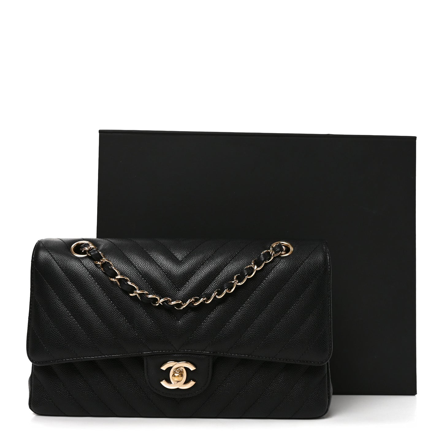 Caviar Chevron Quilted Medium Double Flap Black