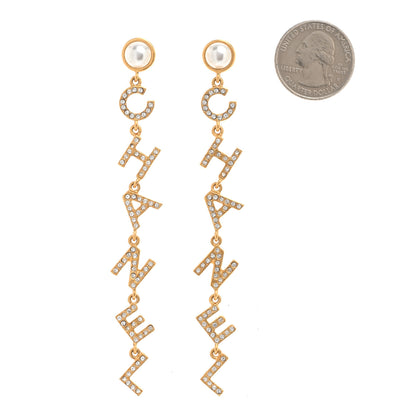 Chanel Crystal Pearl Logo Drop Earrings Gold 2 of 5