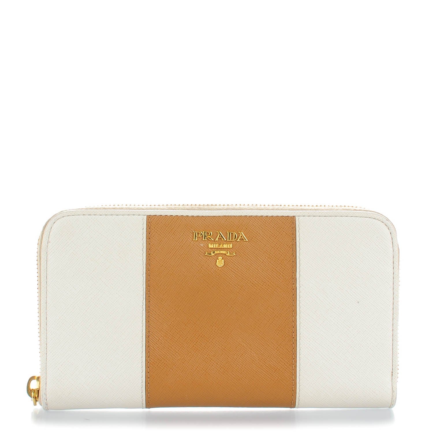 Prada Saffiano Bi-Color Metal Zip Around Wallet Talco Caramel 1 of 9