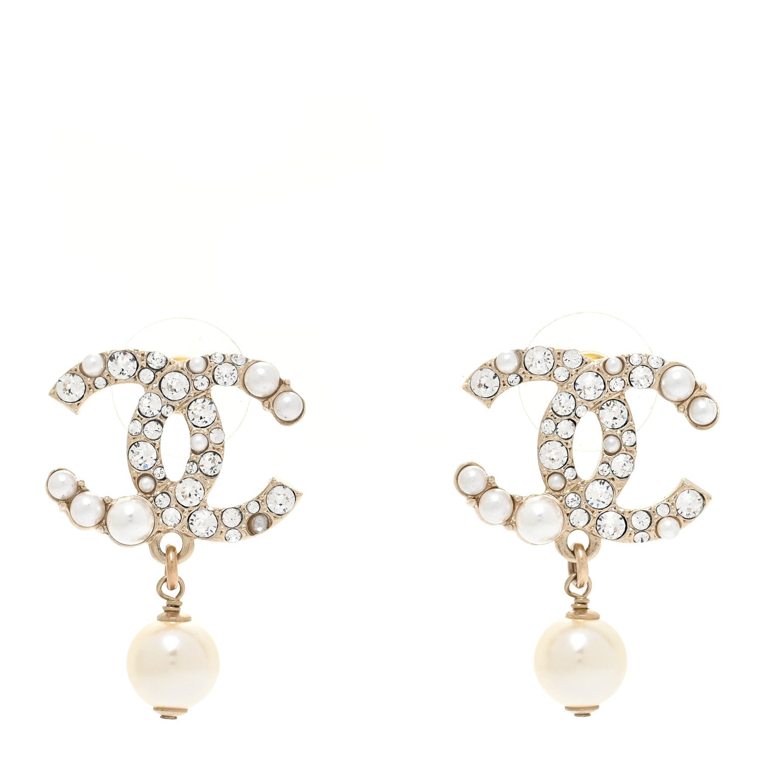 Chanel Crystal Pearl CC Drop Earrings Gold 1 of 6