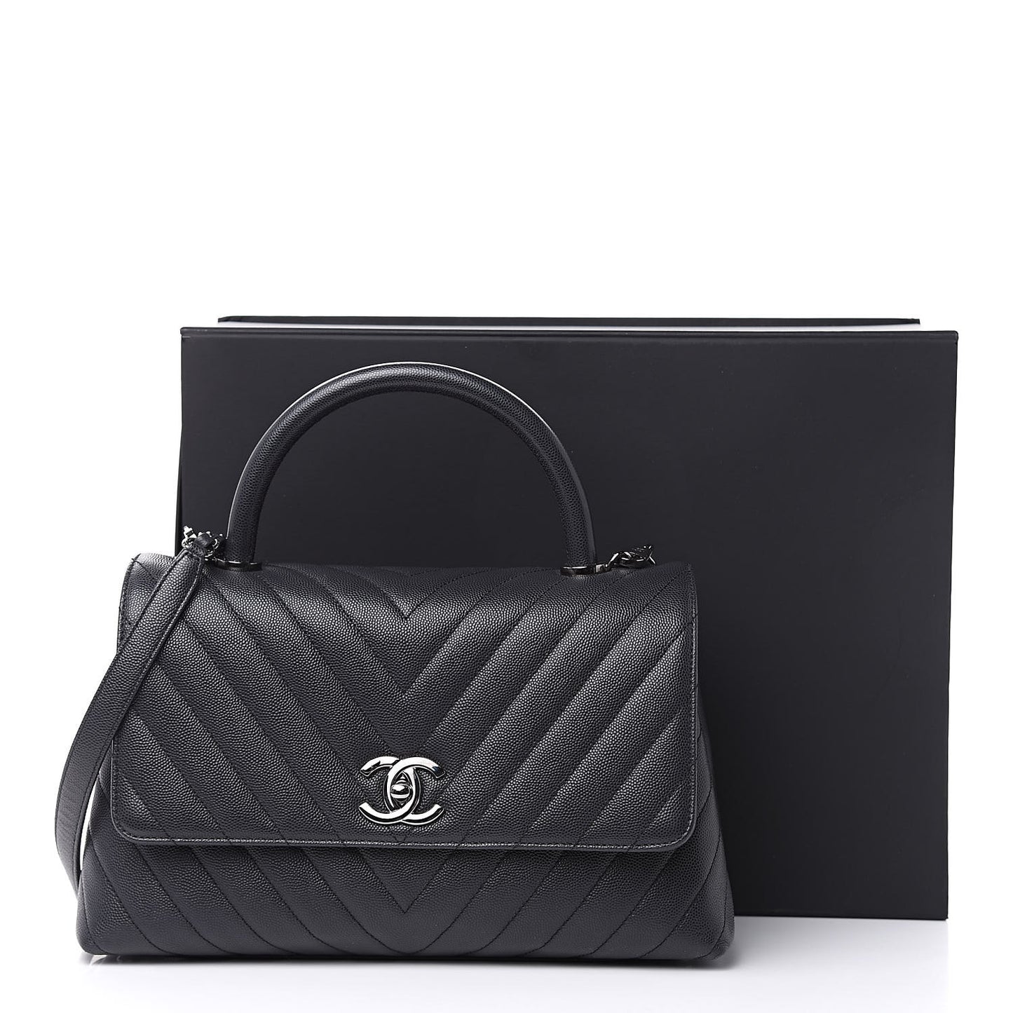 Caviar Chevron Quilted Small Coco Handle Flap Dark Grey