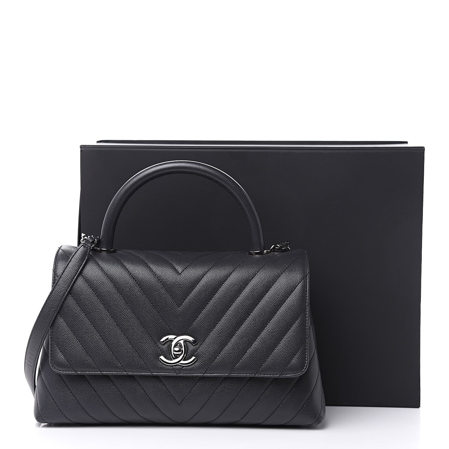 Chanel Caviar Chevron Quilted Small Coco Handle Flap Dark Grey 10 of 10
