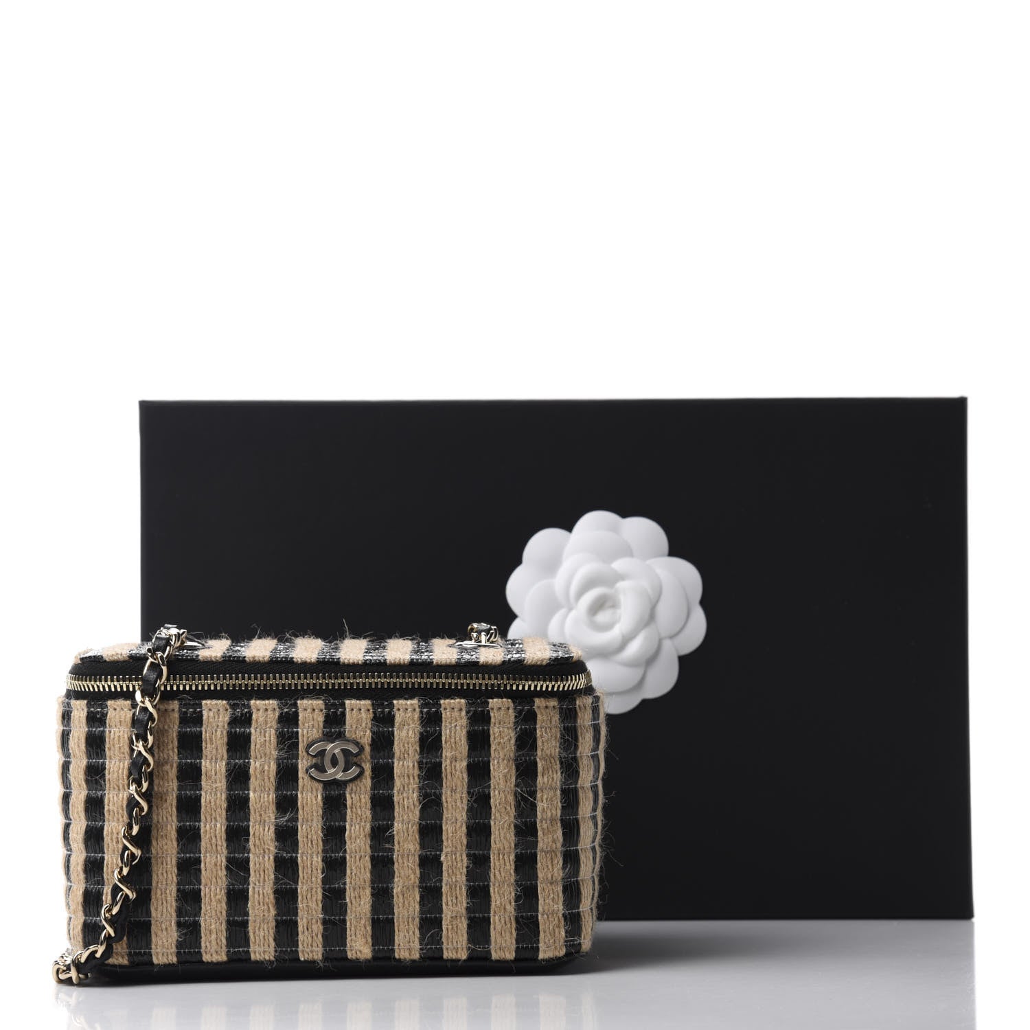 Chanel Raffia Jute Striped Small Vanity Case With Chain Black Beige 11 of 11