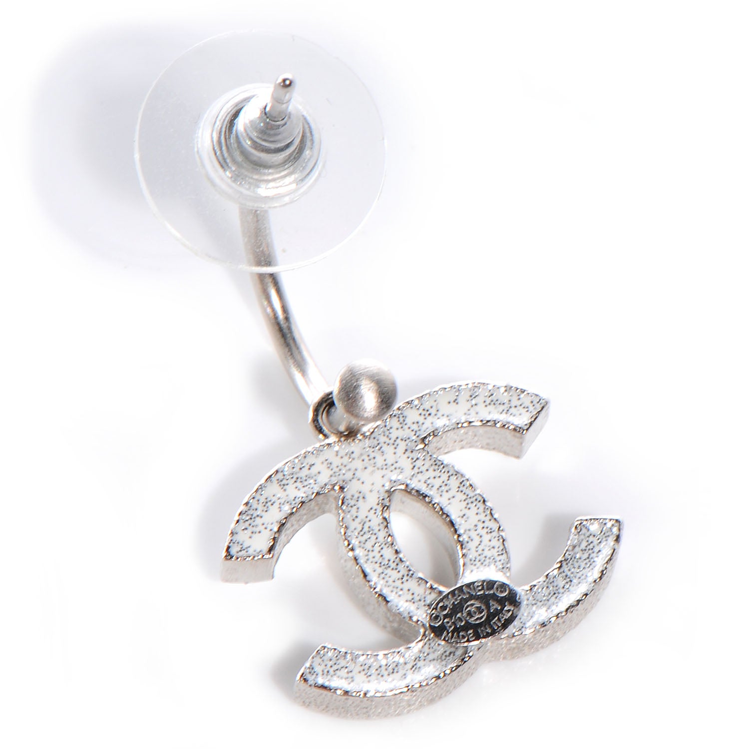 Chanel Glitter Enamel CC Loop Earrings Silver White 5 of 26