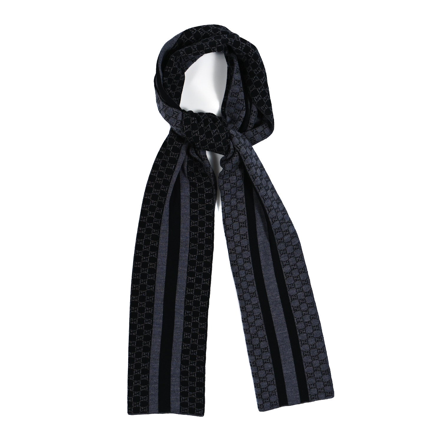 Gucci Wool Tricot GG Monogram Web New Lunicart Scarf Grey Black 1 of 3