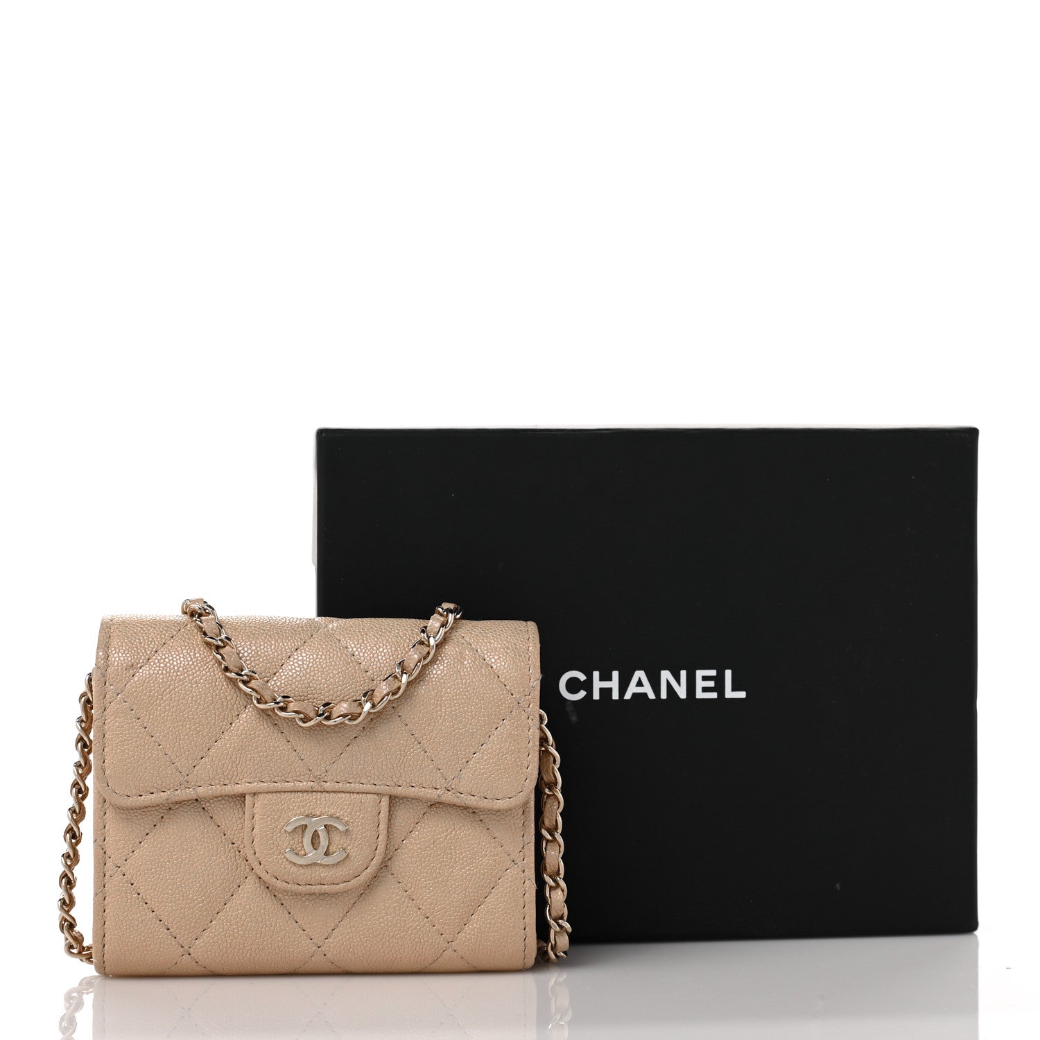 Chanel Iridescent Caviar Quilted Flap Card Holder On Chain Beige 10 of 10