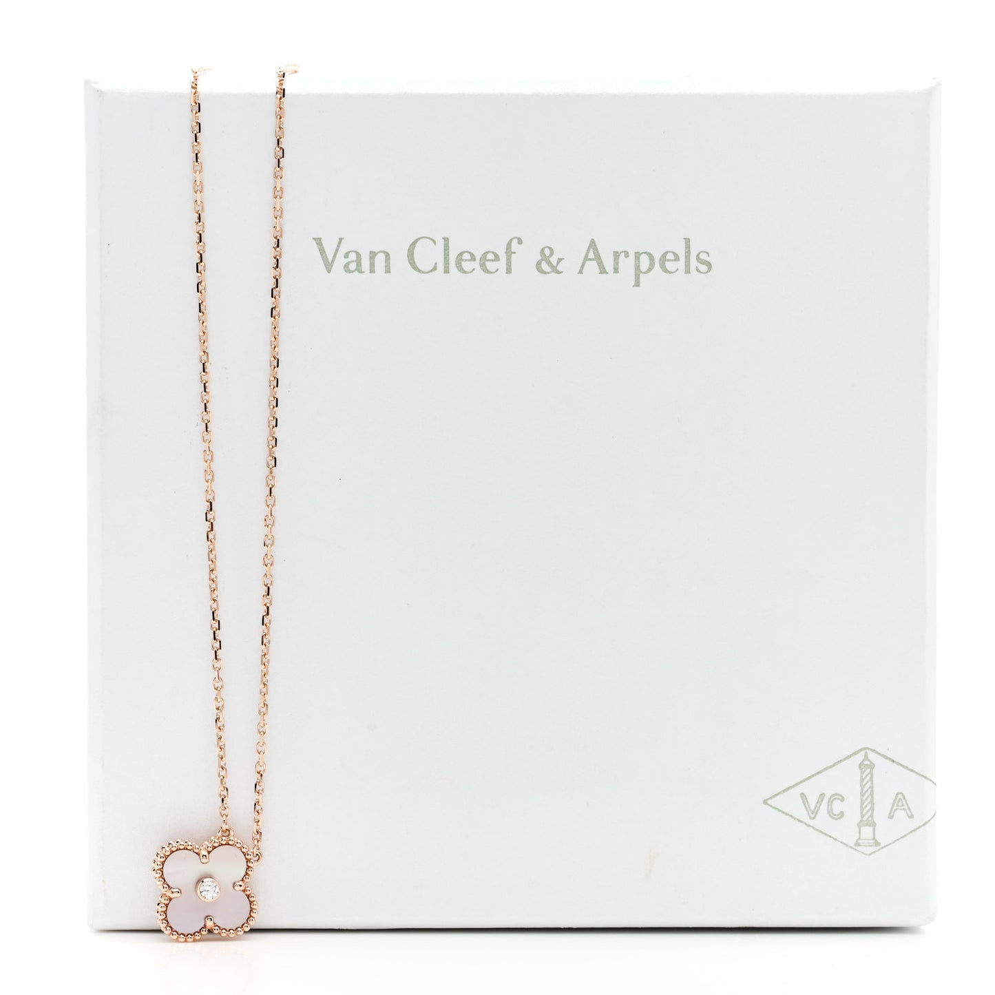 18K Rose Gold Diamond Pink Mother of Pearl Vintage Alhambra Pendant Necklace
