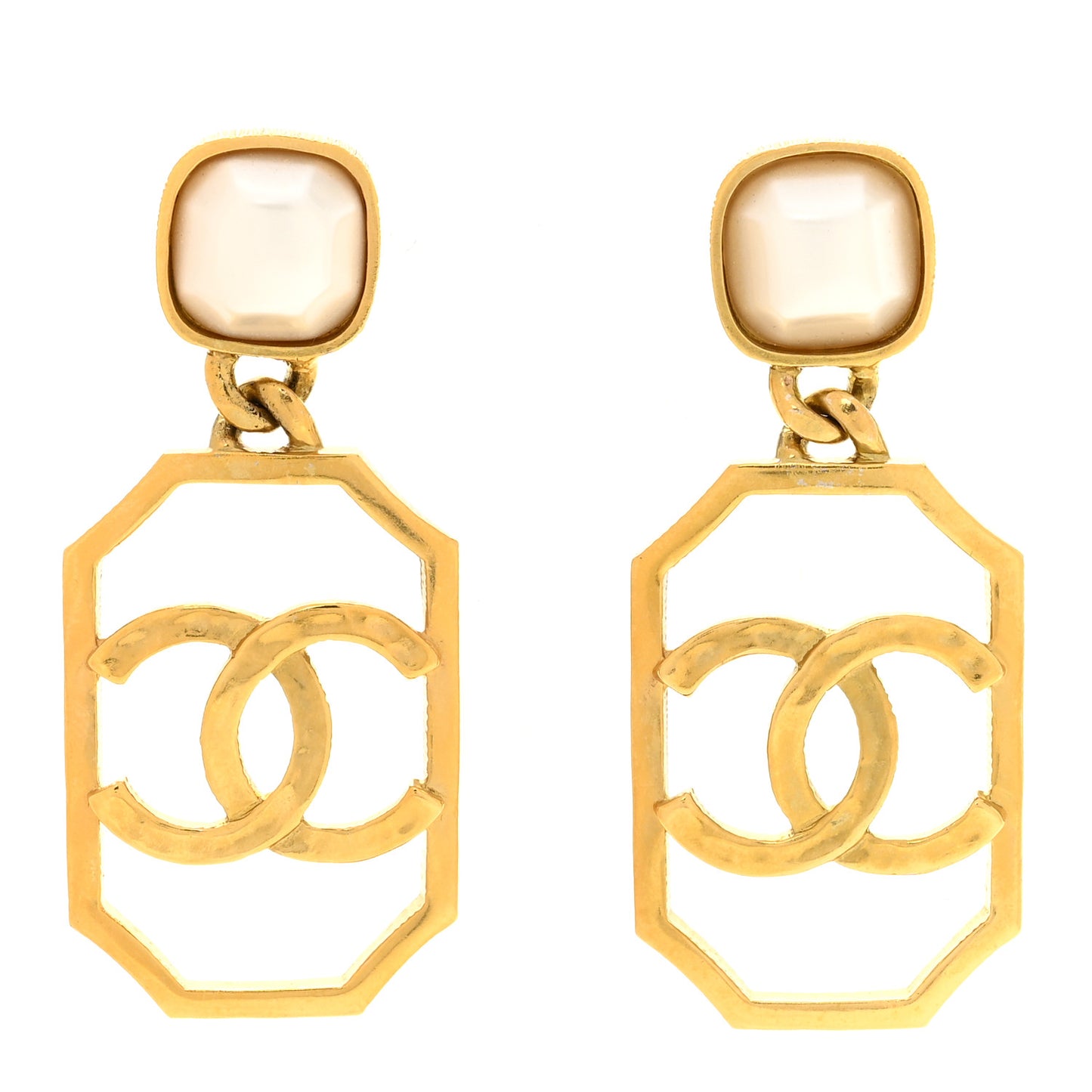 Metal Pearl CC Drop Earrings Gold