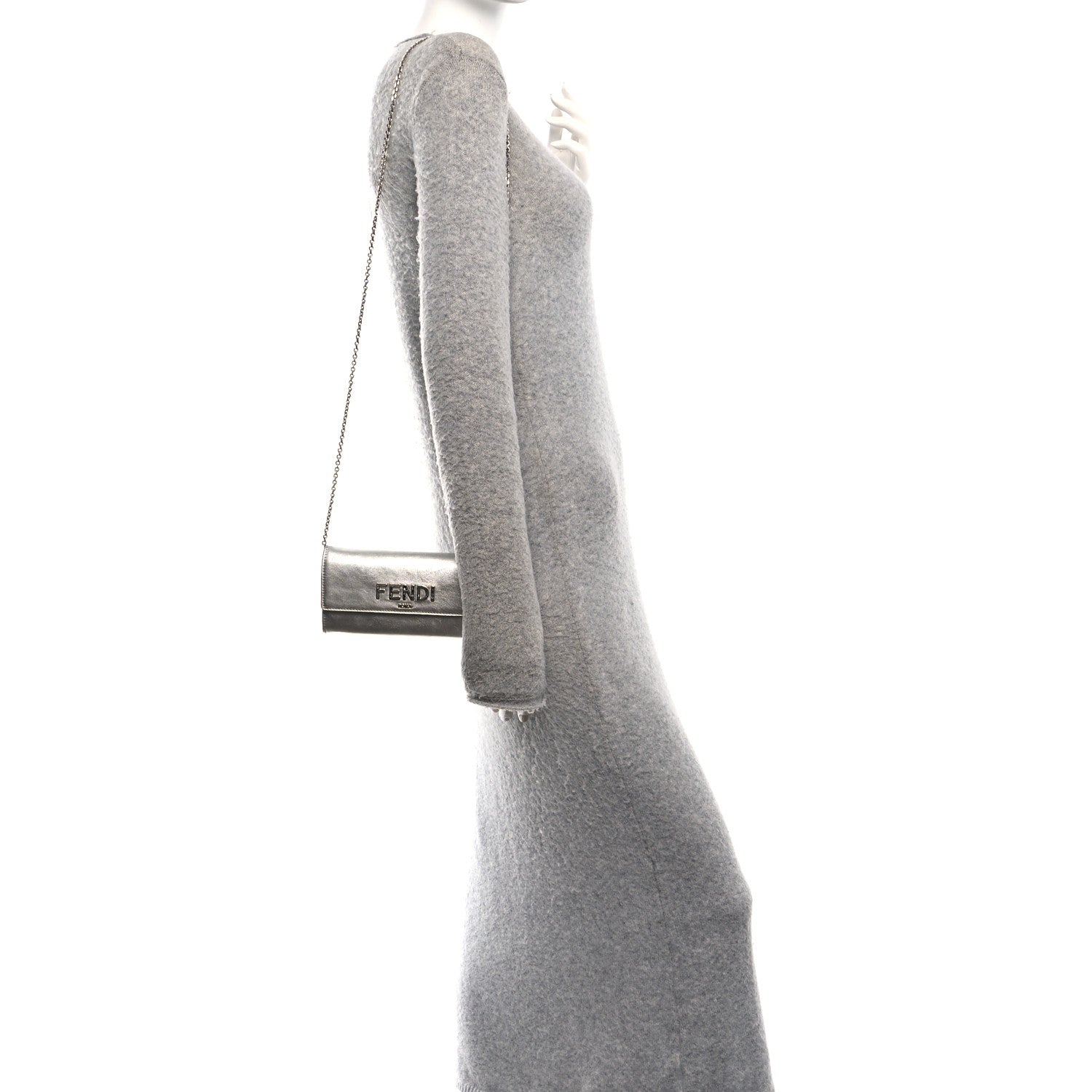 Fendi Metallic Calfskin Continental Wallet On Chain Argento 2 of 14