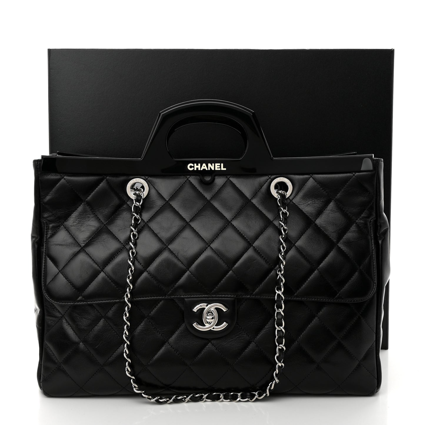 Glazed Calfskin Quilted Large CC Delivery Tote Black