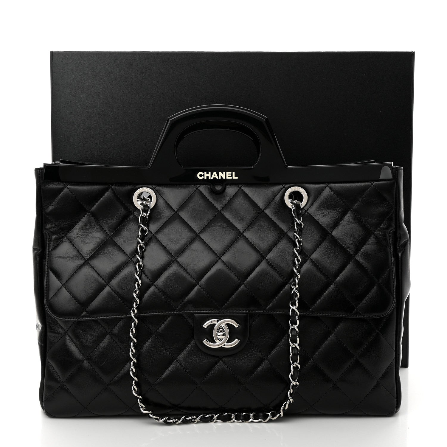 Chanel Glazed Calfskin Quilted Large CC Delivery Tote Black 12 of 12