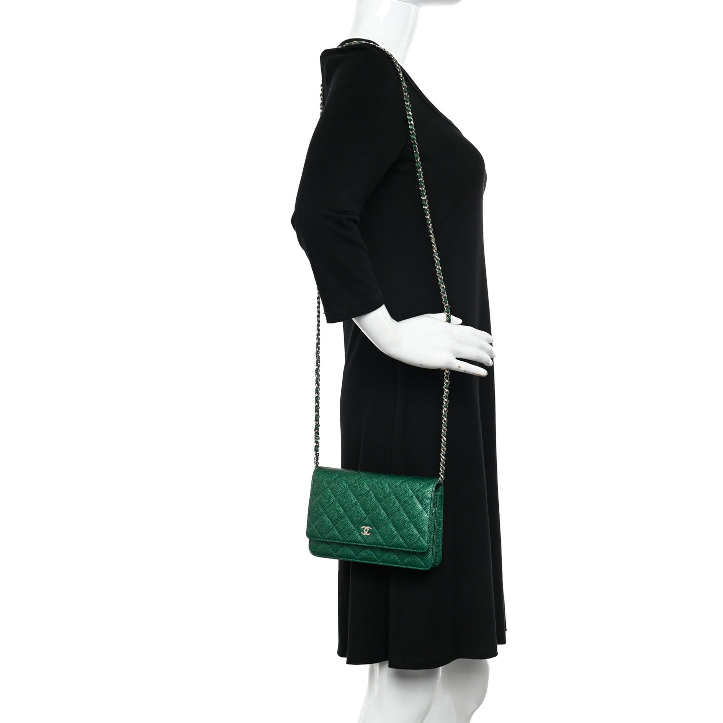 Metallic Caviar Quilted Wallet On Chain WOC Green