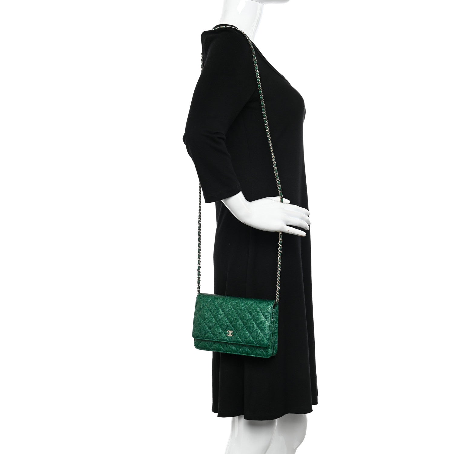 Chanel Metallic Caviar Quilted Wallet On Chain WOC Green 2 of 12