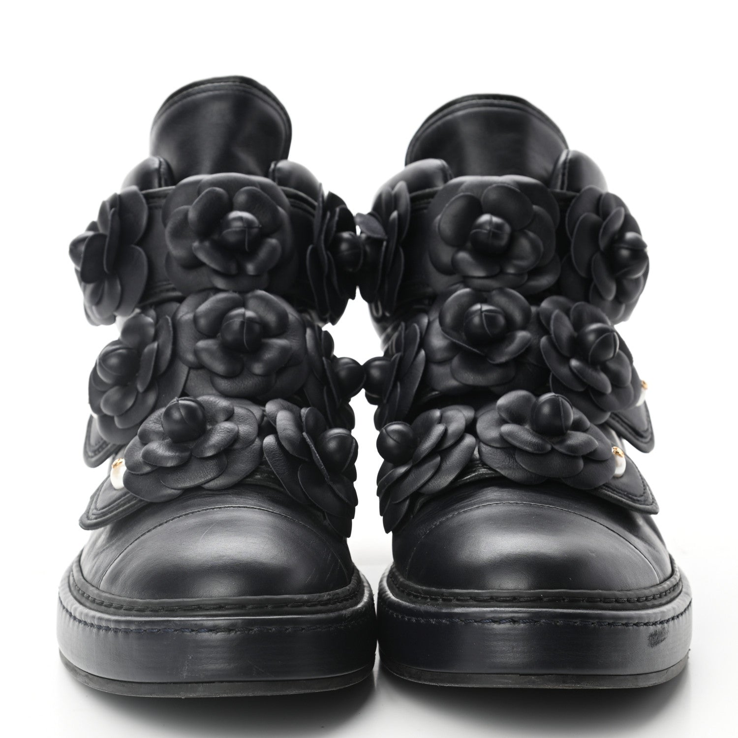 Chanel Lambskin Camellia High Top Sneakers 40 Navy 2 of 10